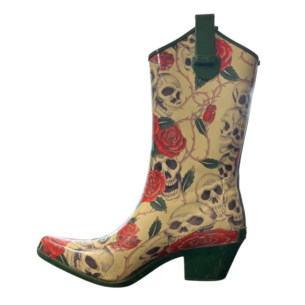 Corkys Womens Skull & Rose Print Cowboy Rain Boots Rubber Size EU 38 / US 8 - Picture 5 of 10